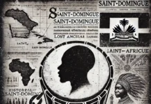 Africa in Ayiti A vintage black-and-white newspaper-style cover art featuring a textured, aged paper background. At the center, a detailed sketch of an African drum symbolizes Haiti's deep cultural roots. Surrounding it are symbolic elements: a historical map of Saint-Domingue, silhouettes of enslaved Africans in chains, and the profile of a Haitian elder gazing toward the horizon, evoking a sense of ancestral connection. Faint handwritten script in the background represents lost names of African ancestors. The composition conveys historical depth, resilience, and the enduring ties between Haiti and Africa.