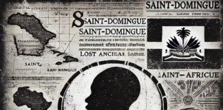 Africa in Ayiti A vintage black-and-white newspaper-style cover art featuring a textured, aged paper background. At the center, a detailed sketch of an African drum symbolizes Haiti's deep cultural roots. Surrounding it are symbolic elements: a historical map of Saint-Domingue, silhouettes of enslaved Africans in chains, and the profile of a Haitian elder gazing toward the horizon, evoking a sense of ancestral connection. Faint handwritten script in the background represents lost names of African ancestors. The composition conveys historical depth, resilience, and the enduring ties between Haiti and Africa.