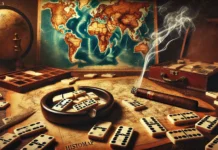 Dominoes, Dictators, and Human History A-vintage-wooden-table-with-scattered-domino-tiles-some-mid-game-and-others-overturned.-A-half-smoked-cigar-rests-in-an-ashtray-with-wisps-of-smoke