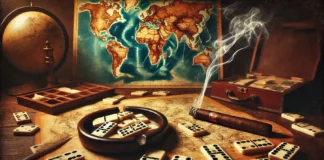 Dominoes, Dictators, and Human History A-vintage-wooden-table-with-scattered-domino-tiles-some-mid-game-and-others-overturned.-A-half-smoked-cigar-rests-in-an-ashtray-with-wisps-of-smoke