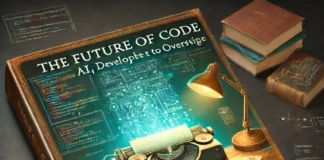 Simbi and the Coders: When Magic Becomes Automation A-vintage-style-book-cover-featuring-a-dimly-lit-desk-with-an-old-mechanical-keyboard-scattered-software-blueprints-and-a-glowing-AI-generated-code-.webp