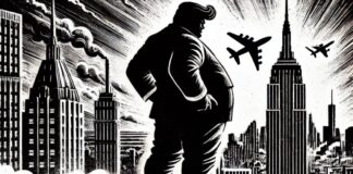 Throw the Rock, Hide the Hand: Trump’s Great Deception A black-and-white illustration in a bold, graphic novel style depicts a large, obese shadowy figure standing on a platform, overlooking a dystopian city, representing Donald Trump