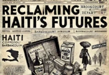 Reclaiming Haiti’s Futures: Returned Intellectuals, Placemaking, and Radical Imagination A vintage black-and-white newspaper-style cover featuring a textured, aged background. At the center, a hand-drawn illustration of an open suitcase overflows with symbolic items: Haitian coffee, Barbancourt rum, Maggi cubes, and a stack of books. Surrounding the suitcase are subtle sketched elements representing the Haitian dyaspora: a Brooklyn street sign, an airport departure board, and a woman speaking into a static-filled telephone. In the background, faint outlines of Haiti’s map blend into silhouettes of people in motion, symbolizing migration and return. The composition evokes history, movement, and the resilience of identity.
