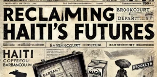 Reclaiming Haiti’s Futures: Returned Intellectuals, Placemaking, and Radical Imagination A vintage black-and-white newspaper-style cover featuring a textured, aged background. At the center, a hand-drawn illustration of an open suitcase overflows with symbolic items: Haitian coffee, Barbancourt rum, Maggi cubes, and a stack of books. Surrounding the suitcase are subtle sketched elements representing the Haitian dyaspora: a Brooklyn street sign, an airport departure board, and a woman speaking into a static-filled telephone. In the background, faint outlines of Haiti’s map blend into silhouettes of people in motion, symbolizing migration and return. The composition evokes history, movement, and the resilience of identity.