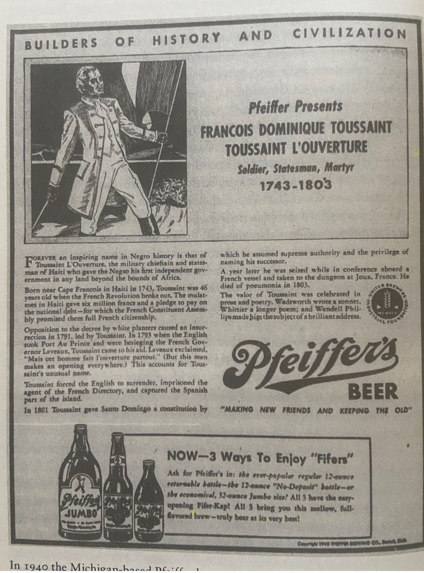 picture of Toussaint Louverture in an ad from the Pfeiffer Brewing Company