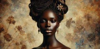 Black Women Are Not Ministries of Rehabilitation A regal Black woman with rich, dark skin stands poised in a vintage-inspired portrait. She wears an elaborate, gold-embroidered off-the-shoulder gown with voluminous sleeves and intricate lace detailing. Her hair is styled in sculptural, natural-textured twists adorned with ornate golden accessories, and she gazes directly at the viewer with strength and elegance. The background features a painterly floral design in earthy tones of gold, bronze, and muted blue, evoking a timeless, classical aesthetic.