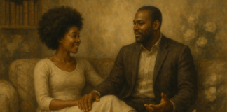 Arguing for Clarity: Lessons from 15 Years of Marriage A traditional oil painting depicts a warm, intimate moment between a Black married couple seated on a sofa in a softly lit living room. The woman, wearing a cream dress with a natural afro, sits relaxed with her legs draped across her husband's lap. The man, tall and muscular in a brown suit, leans slightly toward her, mid-conversation, with a gentle expression. Behind them, shelves of old books and soft white flowers blend into the painterly, dreamlike background, evoking a timeless and reflective atmosphere.