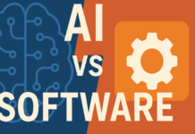 Why Investors Are Misreading the AI vs Software Story A split-screen graphic titled "AI vs SOFTWARE" shows a stylized blue brain with circuit lines on the left representing artificial intelligence, and an orange square with a white gear on the right symbolizing traditional software, against contrasting blue and orange backgrounds in a clean, modern design.