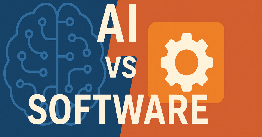 Why Investors Are Misreading the AI vs Software Story A split-screen graphic titled "AI vs SOFTWARE" shows a stylized blue brain with circuit lines on the left representing artificial intelligence, and an orange square with a white gear on the right symbolizing traditional software, against contrasting blue and orange backgrounds in a clean, modern design.