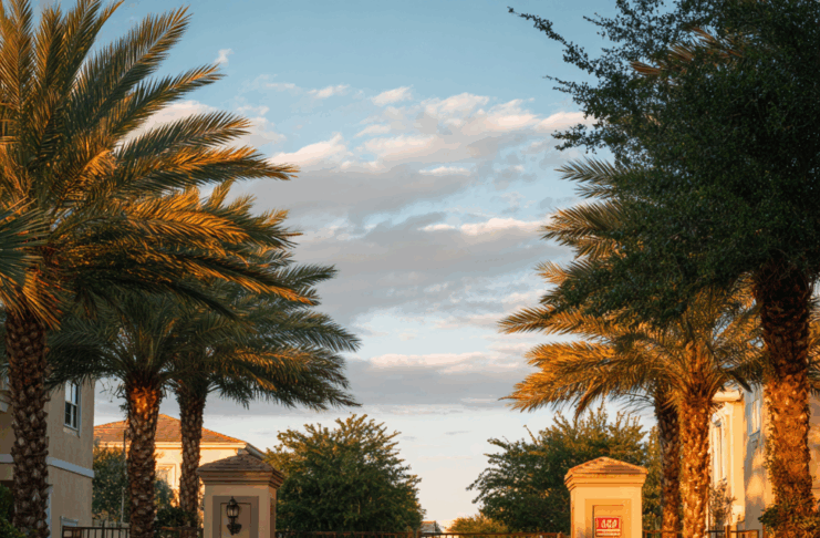 Part III — When Solidarity Turns Against the People A photograph of the entrance to a sunny, upscale gated community featuring a closed metal gate flanked by two large stone and stucco pillars. The driveway is paved with brick, and tropical palm trees line both sides of the entrance, illuminated by warm, late-afternoon sunlight.