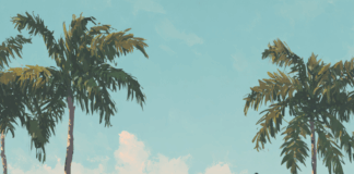 Part I — The Gate That Forgot It Was a Gate Three figures with backpacks are depicted climbing over a tall black metal fence and an adjacent stone pillar to enter a large, upscale house with a red tile roof and palm trees under a bright sky.